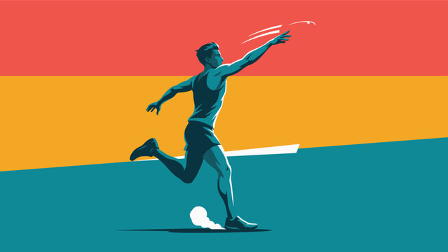 Minimalist vector illustration of a male runner in dynamic motion against a colorful abstract geometric background