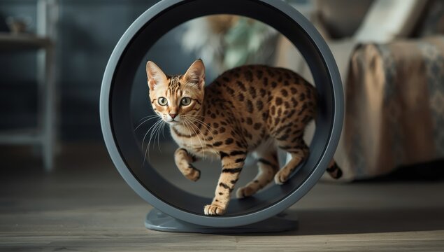 Savannah F1 HP cat playing in a contemporary indoor cat wheel.