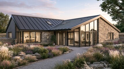 Obraz premium Modern stone house with large glass windows and beautiful landscaping in serene rural setting during sunset hours