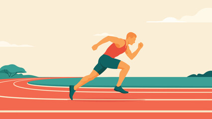 Obraz premium Male sprinter athlete running on athletics track stadium with sprinter competition exercise training lifestyle