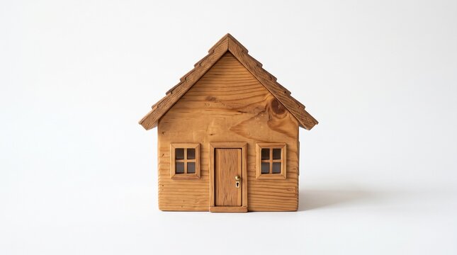 ​A miniature wooden house model with visible natural wood grain, featuring a gabled roof, two small windows, and a central front door with a tiny golden doorknob. The object is centered and set agains
