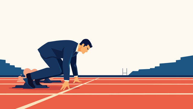 Businessman in formal suit at starting position on running track with businessman competition business professional