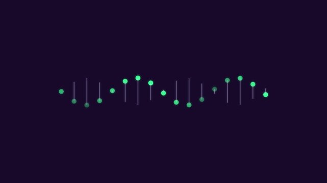 Minimalist digital sound wave visualization with pulsing green dots on dark animation 4k background, audio spectrum