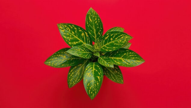 Top view of Aucuba japonica in a pot against a red backdrop.