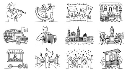Fototapeta premium Colombian Culture and Independence Day Celebration Icons Set