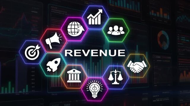 Revenue word in digital hexagon frames over dynamic financial charts.