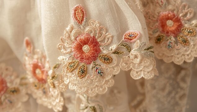 Detail shot of elaborate stitching along a dress hem, produced with a hand-operated embroidery machine.