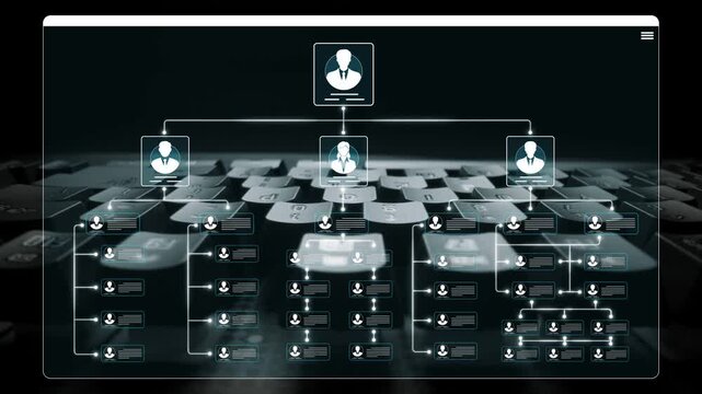 Digital organizational chart displayed on a computer keyboard, demonstrating hierarchical structure in a modern business environment with detailed nodes Sigmoid