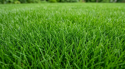 Obraz premium Vibrant Green Grass Field: A close-up, low-angle view of a lush, meticulously manicured green grass field, showcasing the texture and healthy growth of individual blades under soft natural light.