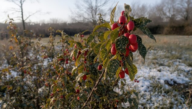 Aucuba japonica, a member of the Garryaceae family, features red berries and is known as spotted laurel or gold dust plant, found in the Netherlands in February.