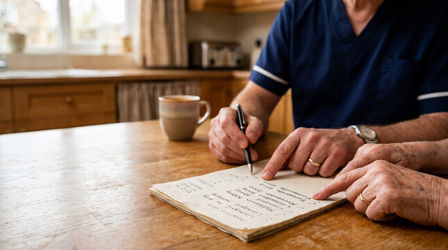 Close up of male nurse assisting senior person with paperwork at kitchen table, helping with bills, medical documents, and financial planning