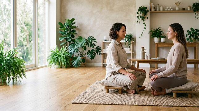 Two women practicing mindfulness meditation and holistic wellness sitting on cushions in a bright living room filled with green plants