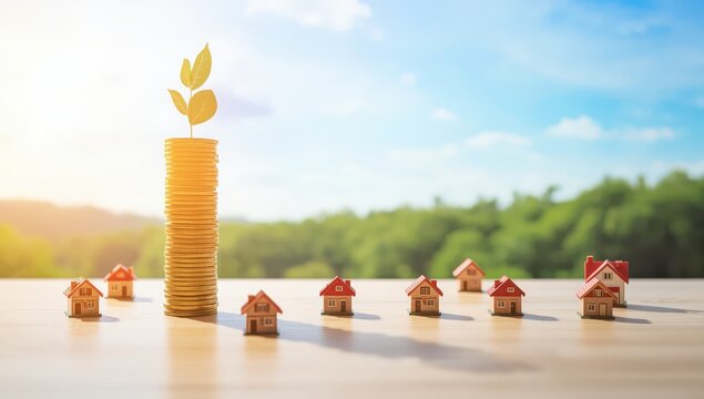 Coins of varying heights are piled on a light wooden surface, creating an ascending ear. Each home features a symbol representing housing finance, with a sky and forest in the backdrop.
