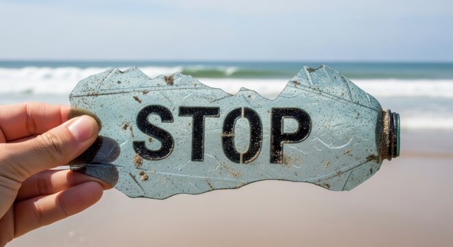 Ocean Plastics Pollution concepts. Hand Holding Crushed Plastic Bottle with Stop Message on Beach Background Against Sky and Ocean
