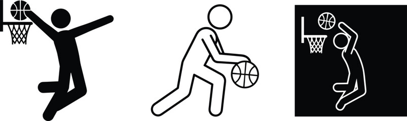 Basketball player icon set featuring slam dunk stick figure dribbling ball hoop backboard line outline and inverted style vector. © MdAlom