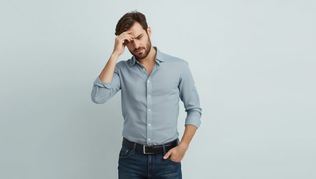 Attractive young man alone, exhausted, rubbing his nose and eyes with fatigue and a headache; feelings of stress and frustration.