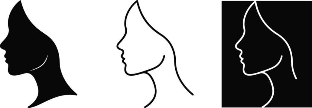 Woman face profile silhouette icon set featuring beautiful female head side view in solid line outline and inverted vector.