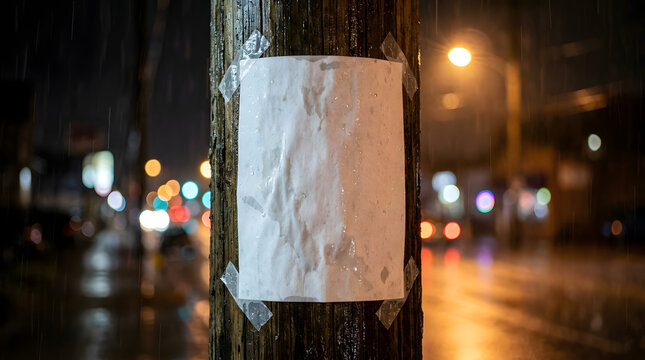 Blank Poster on Rainy Night: A crumpled blank poster is taped to a wooden pole on a dark, rainy city street at night, with blurred car lights creating a moody atmosphere.