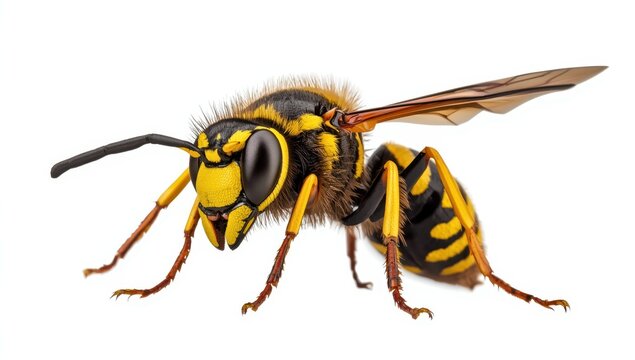 Detailed view of a hornet (Vespa crabro) on a white backdrop, a perilous insect, emblematic of nature, entomology, and wildlife.