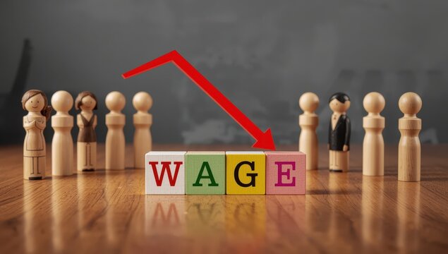 Wooden figures and a block labeled WAGE, with a red arrow showing a decline, representing salary cuts.
