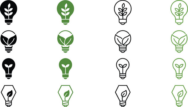 Green eco light bulb icon set featuring plant leaves growing inside lamps for green energy environment conservation isolated vector.