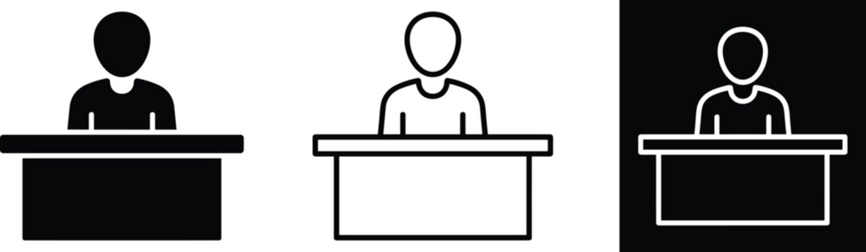 Man sitting at office desk icon set showing student workspace registration receptionist character design in line outline solid glyph and inverted style vector.