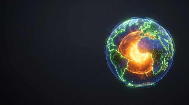 Glowing Earth Core Cutaway Inside Planet with Global Map 