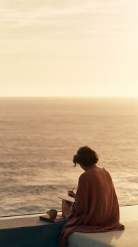 Luxury Traveler Writing Travel Goals on Ocean View Hotel Balcony at Sunrise, Minimalist Hospitality Lifestyle with Coffee, Sea Breeze and Expansive Copy Space