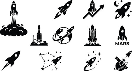Rocket ship launch icon set featuring space shuttle mission earth orbit mars exploration satellite and financial startup growth vector. © MdAlom