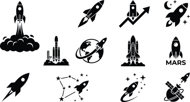 Rocket ship launch icon set featuring space shuttle mission earth orbit mars exploration satellite and financial startup growth vector.
