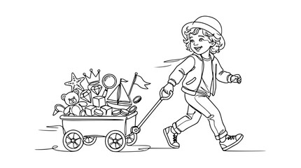 Happy child pulling a wagon full of toys, drawing style, adventure concept