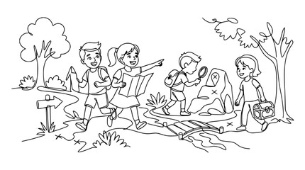 Children on a treasure hunt adventure in the woods, exploring nature with maps and magnifying glass.