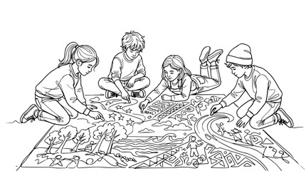 Diverse children drawing a large colorful mural on the floor, teamwork and creativity © Tanduran
