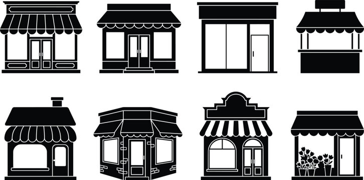 Storefront building icon set featuring boutique shop exterior store facade awning marketplace stall and commercial property vector silhouettes.