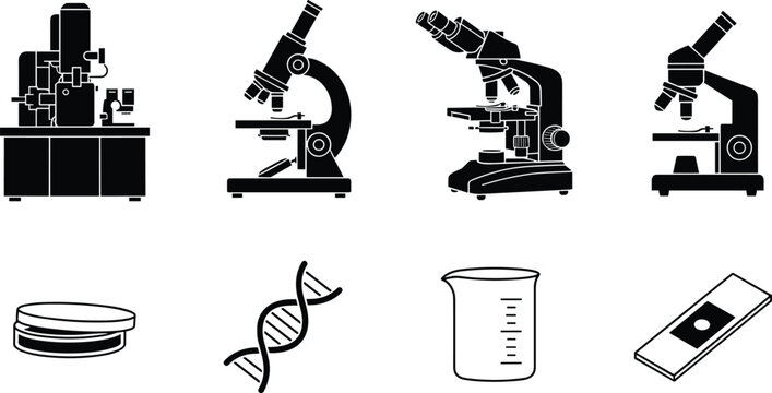 Laboratory equipment icon set featuring scientific microscope electron microanalysis dna helix petri dish beaker and glass slide vector silhouettes.