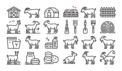 Obraz premium Goat farm icon set with livestock breeding equipment and agricultural elements for rural business silhouettes.