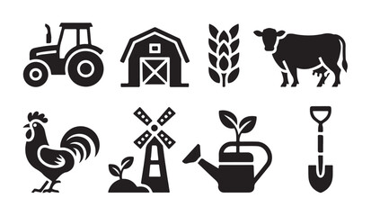 Agricultural symbol set featuring tractor barn wheat cow rooster windmill watering can and shovel icons. © VANU