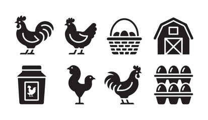 Poultry and egg farming icon collection in black and white silhouette for various agricultural themes. © VANU