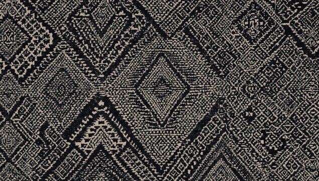 Textured fabric of Bedouin Al sadu carpet featuring Aztec geometric designs in black and grey for a continuous background. Islamic rug setting. Woven pattern blanket. Tribal Arab desert textile.