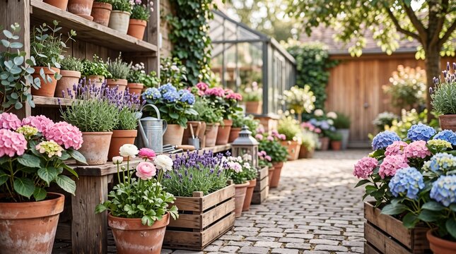 Cozy outdoor plant nursery with colorful hydrangeas, lavender, and ranunculus in terracotta pots on wooden shelves near a classic greenhouse.