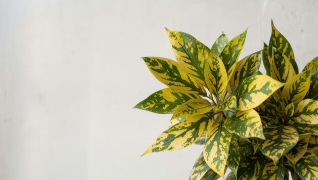 Detailed view of multicolored yellow and green leaves of a Spotted Laurel against a plain textured wall with empty space.