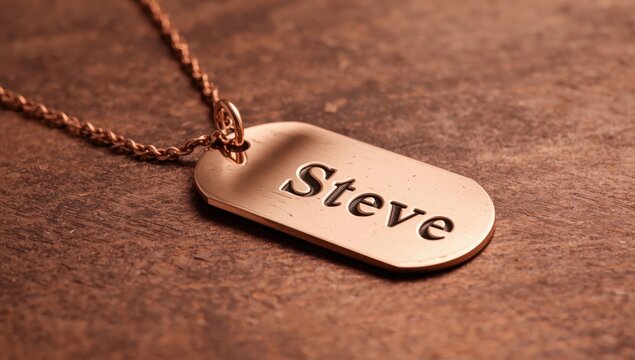 Copper dog tag engraved with the name Steve. Polished stamped letters on a vintage pendant. Abbreviation for Steven or Stephen.