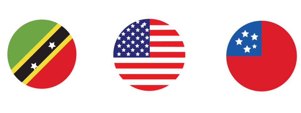 Circular icons of saint kitts usa and samoa national flags