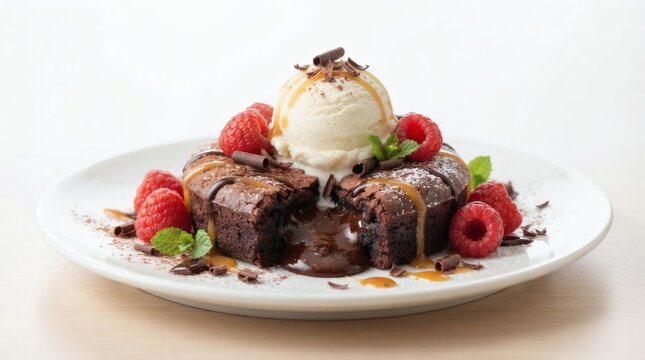 Close Up Warm Chocolate Lava Brownie Molten Center Vanilla Ice Cream Caramel

