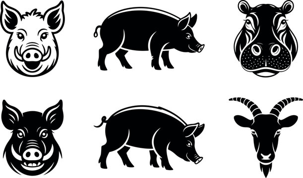 Title:

Animal vector icons set featuring black and white silhouettes of wild boar pigs hippo and goat isolated on white background