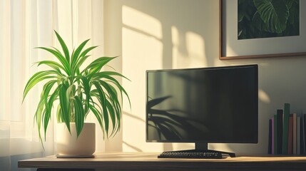 Fototapeta premium A home office workspace with a plant and computer monitor.