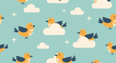 Obraz premium Seamless Pattern Background Featuring Cute Yellow Birds Flying Among Soft Fluffy Clouds and Glowing Stars in a Whimsical Sky Illustration
