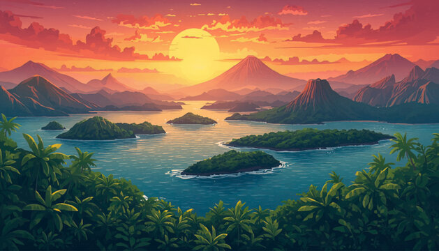 Wide tropical archipelago view with volcanic mountains, ocean, and dense rainforest. Perfect for travel campaigns, environmental projects, adventure themes, and natural landscape presentations