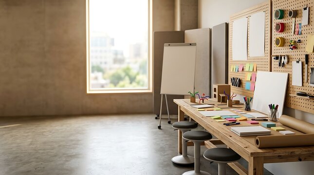 Modern creative workshop space with wooden table and tools