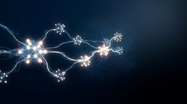 Glowing neural network with connected data nodes on dark background
